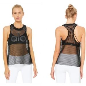 ALO Yoga Crackle Black Mesh Activewear Athleisure  Racerback Tank XS